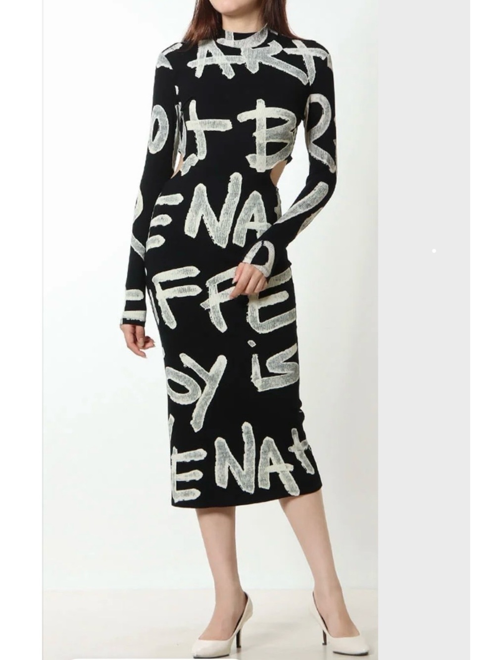 Desigual Manifesto Maya Dress Black & White Graffiti-Print Long Sleeve Bodycon - Picture 10 of 16